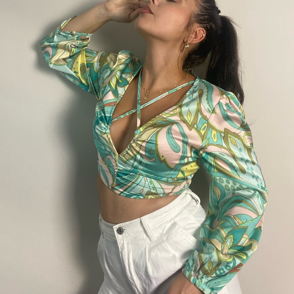Satin Cross Neck Long Sleeve Crop Top